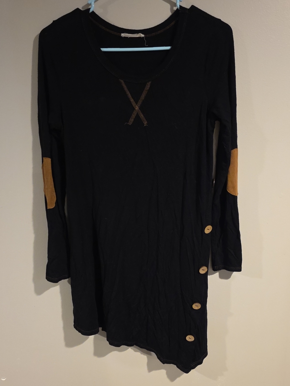 Reborn J Black Long Sleeve Tunic Dress with Tan Elbow Patches